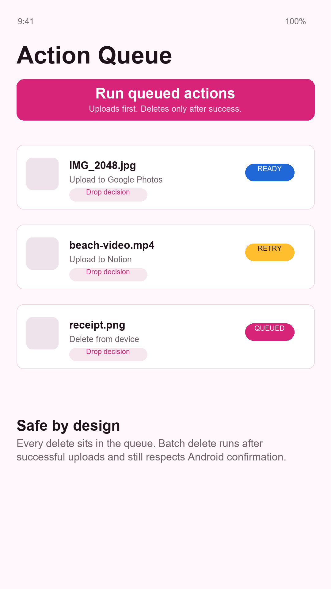 AfterSnap action queue showing pending uploads and deletions